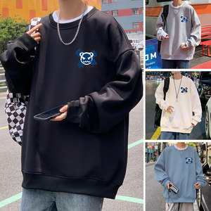 W336P35加绒45新款宽松卫衣男长袖打底衣服美式圆领无帽外套图片