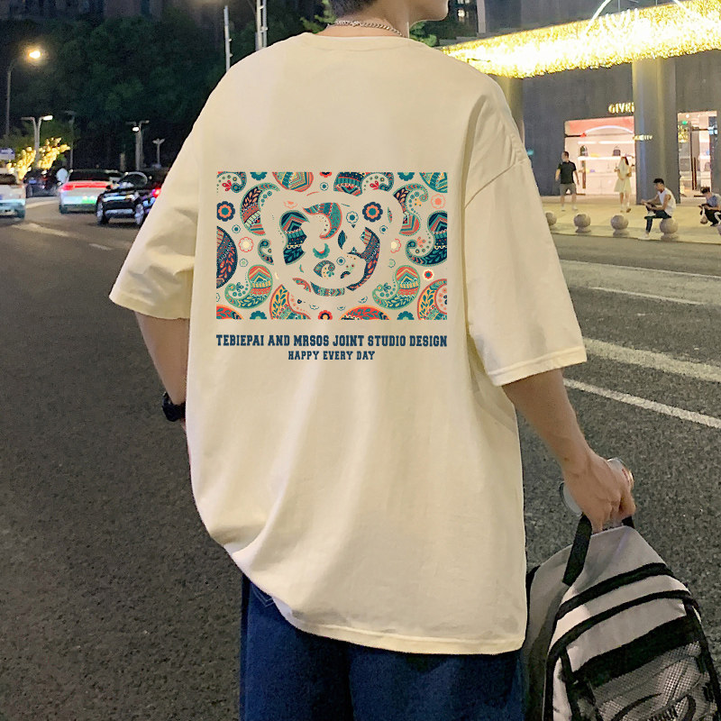 T699FP26新款纯棉宽松休闲圆领短袖T恤男民族风印花薄款透气体恤,男装T恤,星座304A