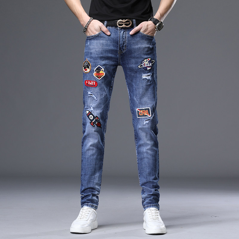 欧货精品韩版小脚裤贴标破洞蓝色牛仔裤高端9803CP118,男装牛仔裤,星座304A