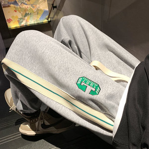 K879FP60加绒65新款裤子男50%棉条纹美式高街宽松运动男生阔腿休图片