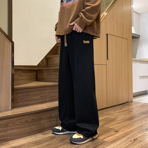 K872P42新款美式复古直筒卫裤男休闲宽松阔腿拖地运动长裤,墨绿色条绒西装怎么搭配图片