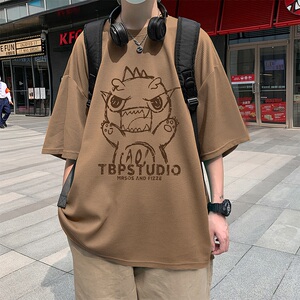 wassup happy港风咆哮小恐龙短袖t恤男夏季圆领华夫格休闲体恤衫图片
