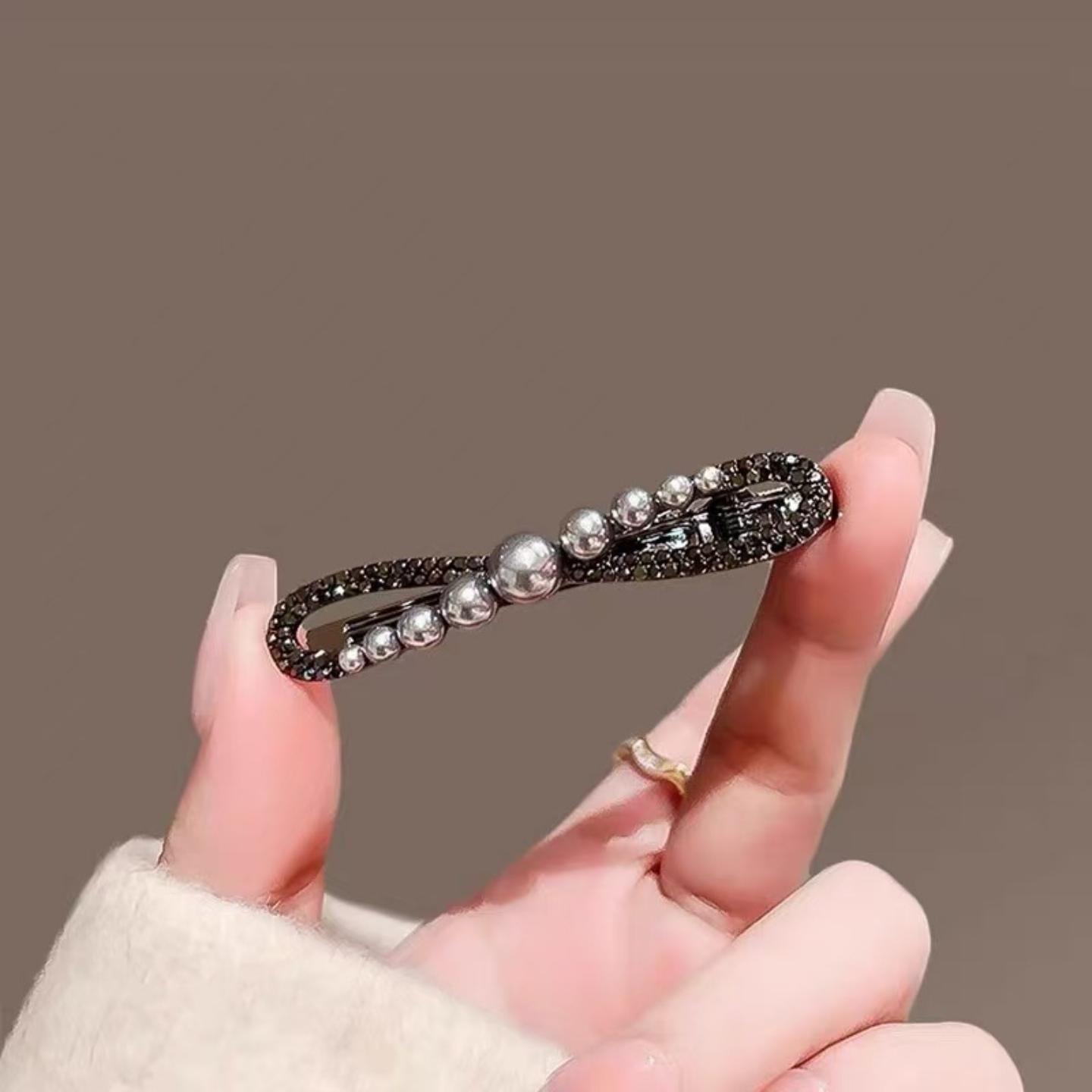 气质水钻仿珍珠黑色蝴蝶结边夹
