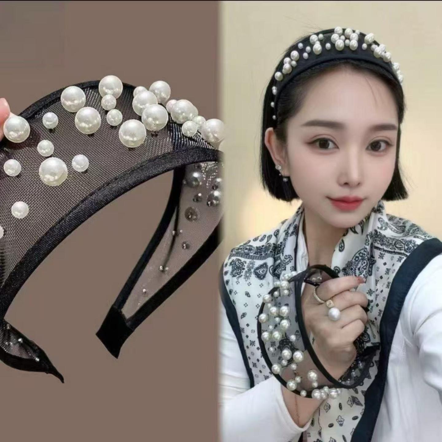 氛围感赫本风仿珍珠宽边发箍女