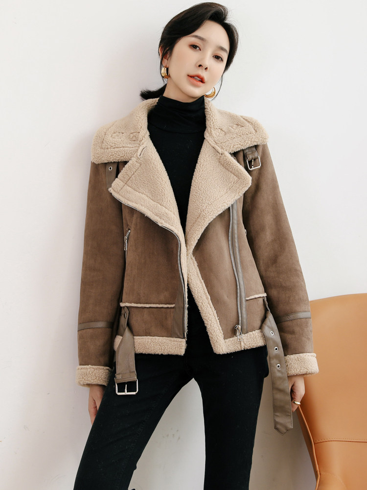 工装羊羔毛外套女服2023新款冬季短款宽松皮衣加厚加绒棉服欧洲站