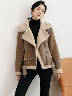 工装羊羔毛外套女服2023新款冬季短款宽松皮衣加厚加绒棉服欧洲站