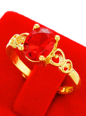 越南沙金戒指女款镀金色人工锆宝石戒子仿真金黄色活口可调节女指