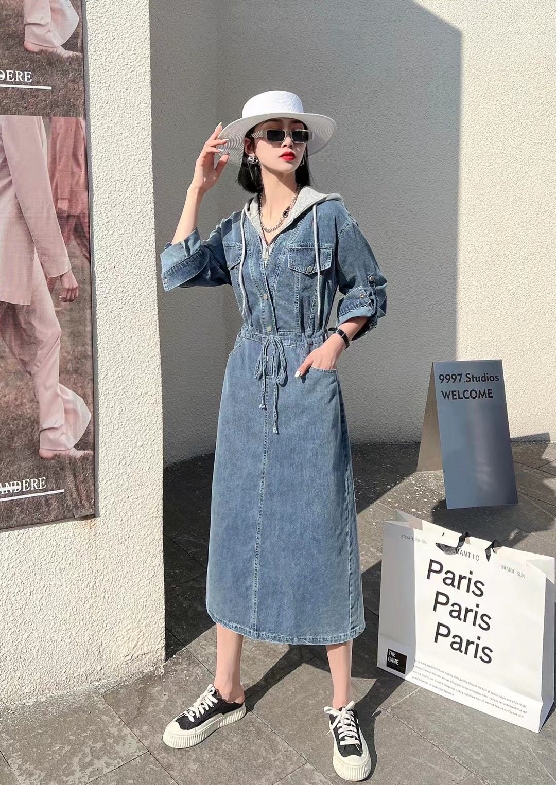 特价t小姐703卫衣连帽拼接休闲牛仔连衣裙高腰收腰显瘦中长裙女秋