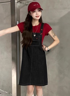特价独品82223红色短袖T恤牛仔背带裙两件套中裙休闲减龄套装女夏
