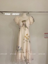 PINK88183时尚印花国风高腰连衣裙短袖气质中长裙女装夏新款2024