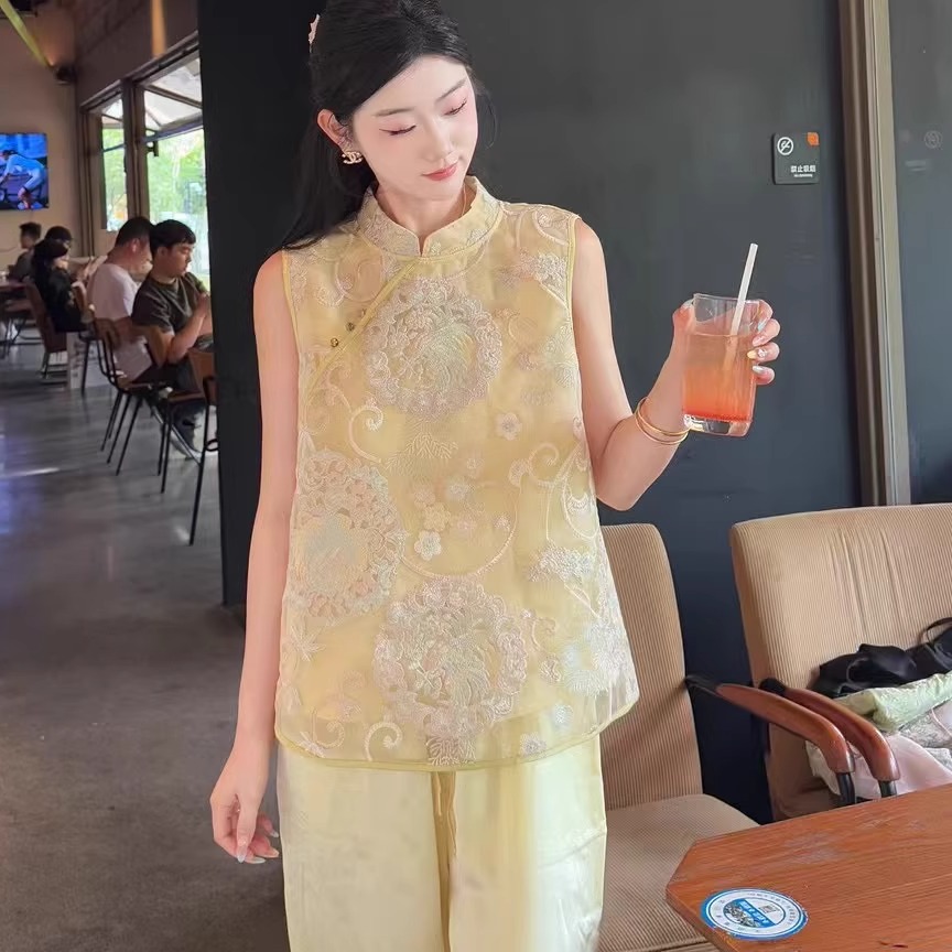 特价2606立领盘扣无袖衬衫上衣重工刺绣新中式旗袍小衫背心女装夏