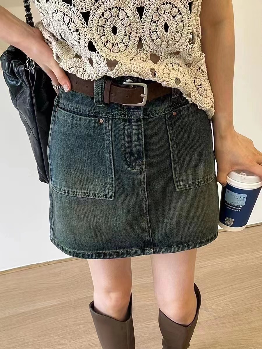 月亮湾5039高腰牛仔裙口袋半身裙百搭显瘦包臀短裙女秋新款2023潮