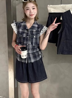 特价独品62132蕾丝拼接飞飞袖格子衬衫牛仔阔腿短裤两件套女装夏