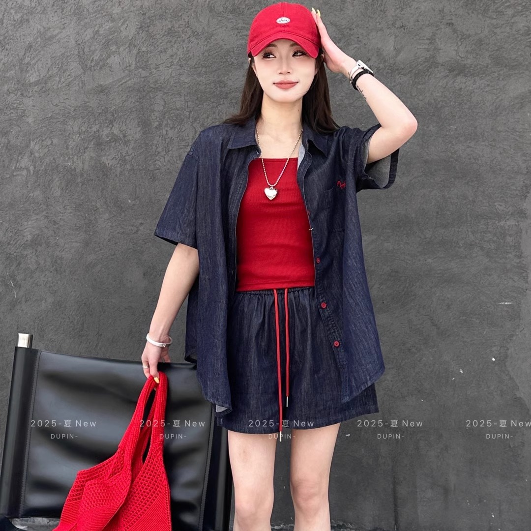 1291吊带背心短袖牛仔衣外套阔腿短裤时尚三件套女装夏季新款2025