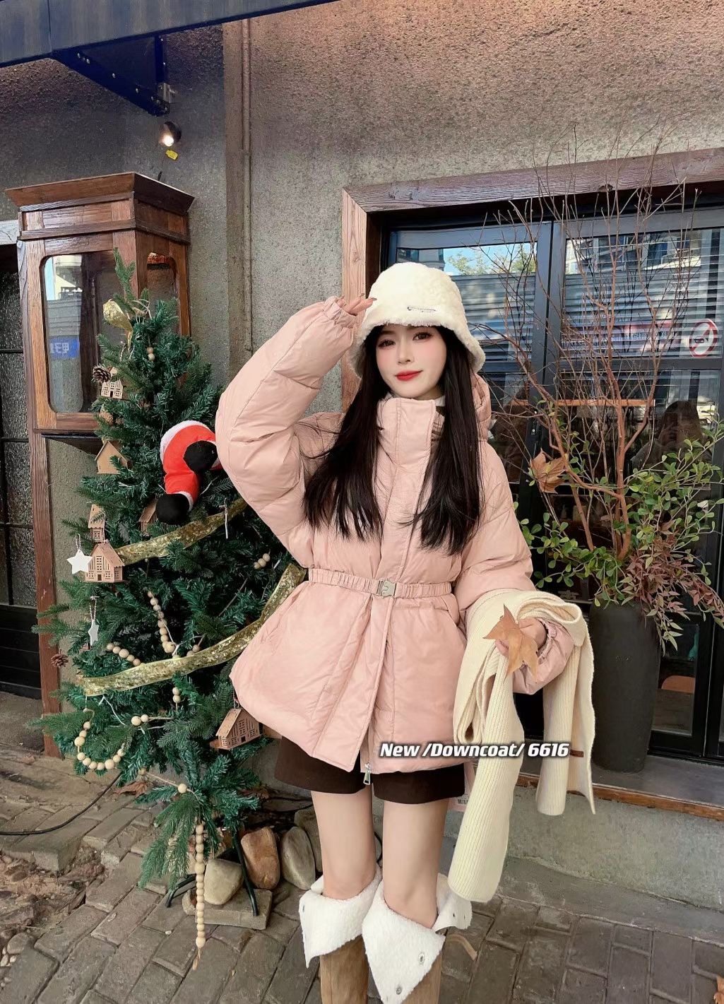 特价流行坊6616连帽中长款羽绒服系腰带修身显瘦白鸭绒女装冬新款