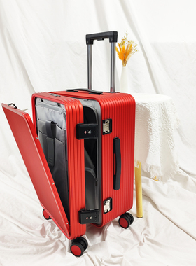 前开口金属铝镁合金旅行箱男女万向轮行李箱密码箱红色侧开拉杆箱