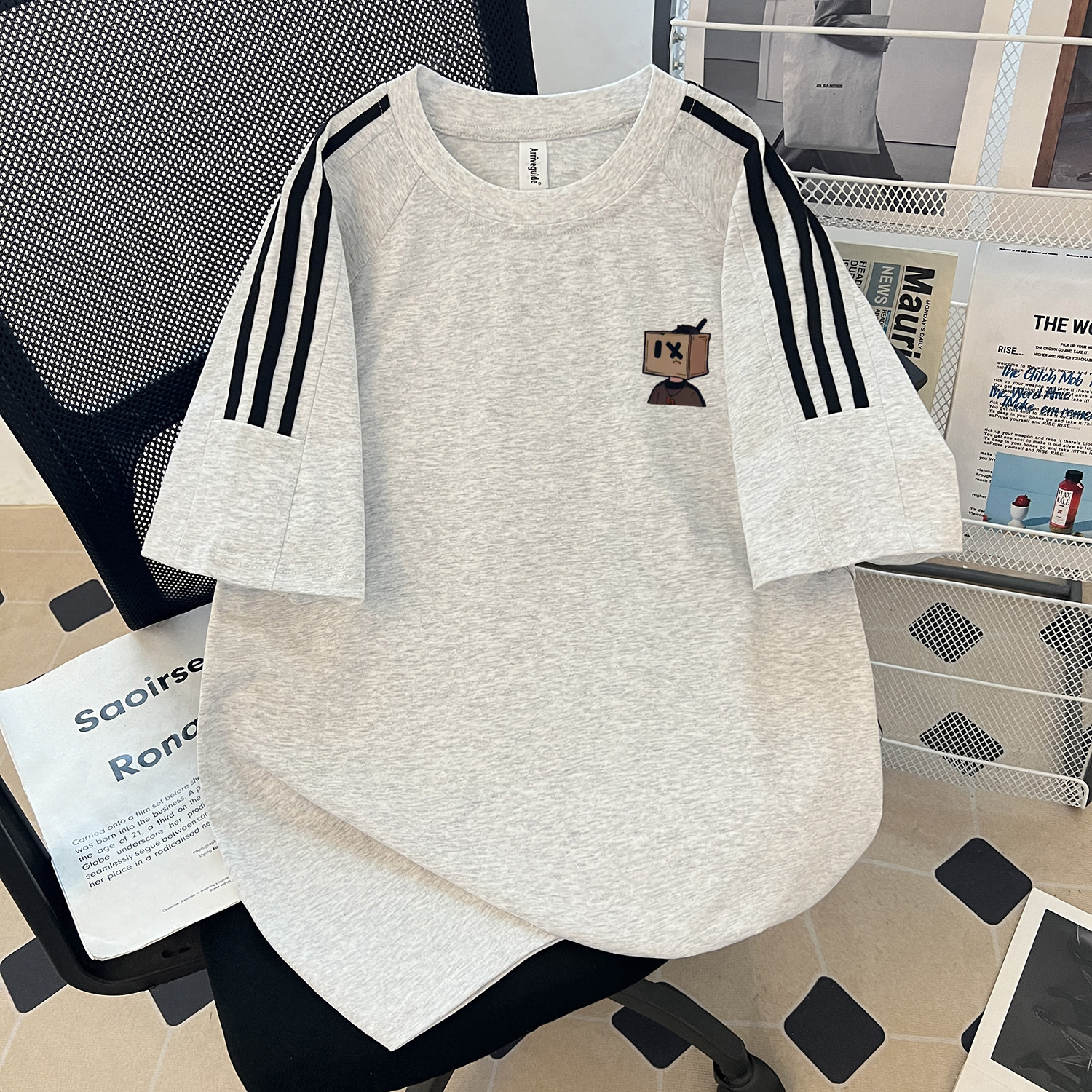 复古运动风三条杠短袖T恤男女宽松纯棉插肩袖卡通印花上衣半袖潮