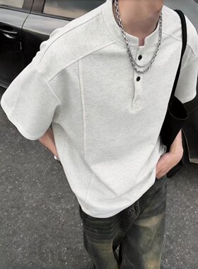 重磅亨利领立领宽松短袖T恤男