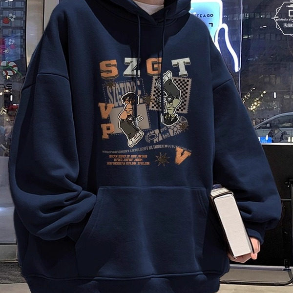 美式高街藏青色连帽卫衣