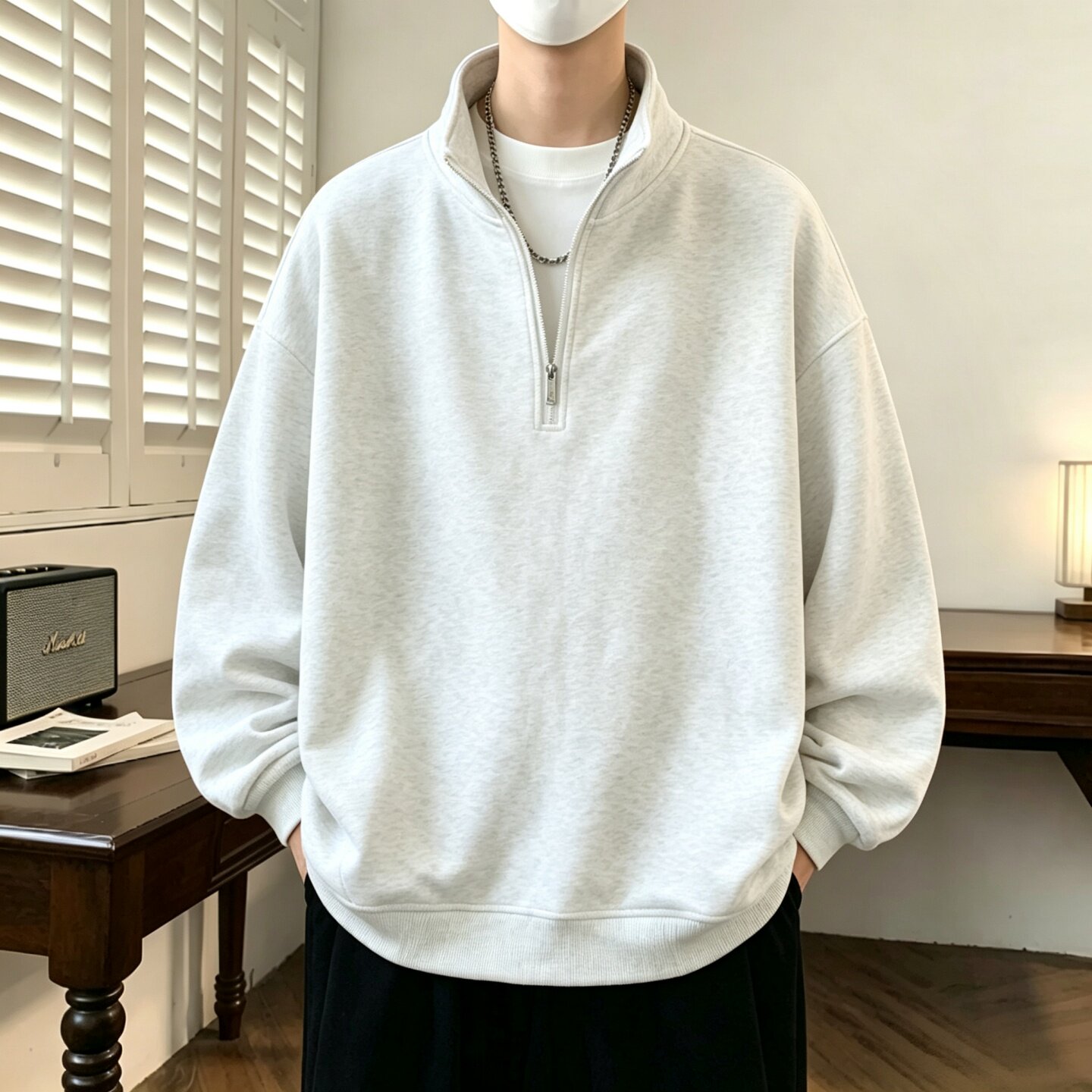 美式半拉链立领卫衣男 浅灰宽松慵懒风落肩袖休闲百搭男生套头衫