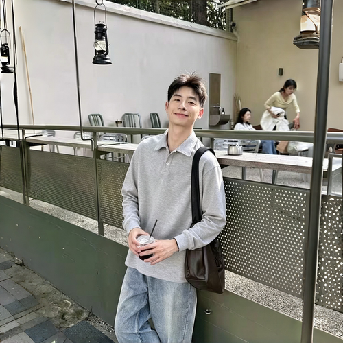 美式痞帅秋季宽松长袖Polo衫男