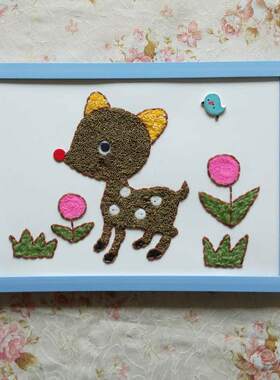 益智儿童手工课DIY制作黏贴画 五谷豆子画幼儿园材料包新颖小鹿A4