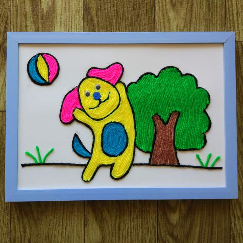 益智儿童玩具毛线贴画 暖场亲子活动幼儿园手工材料包 大树小狗a4