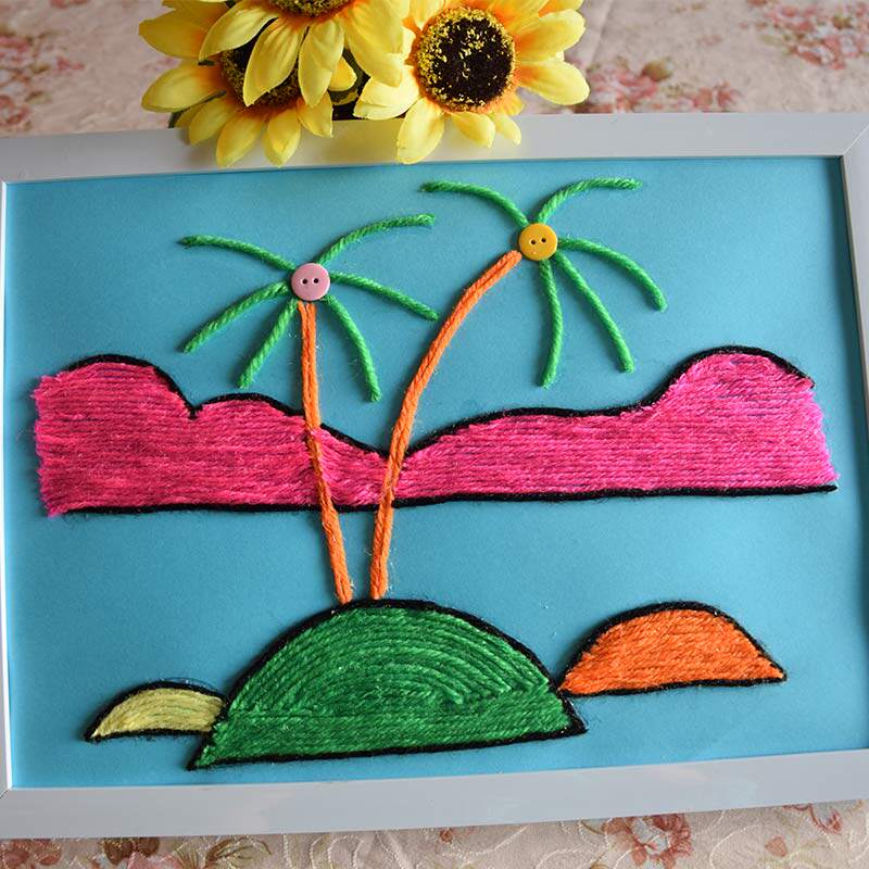 益智儿童手工diy贴画毛线画 幼儿园材料包亲子趣味贴画新奇椰树a4