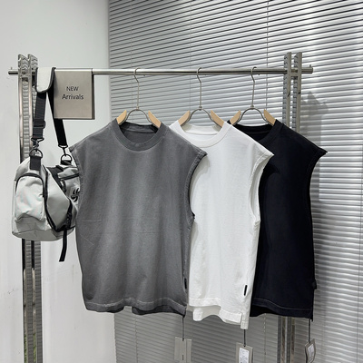 F4夏季新款男士无袖背心美式重磅高街字母印花纯棉坎肩上衣男T恤