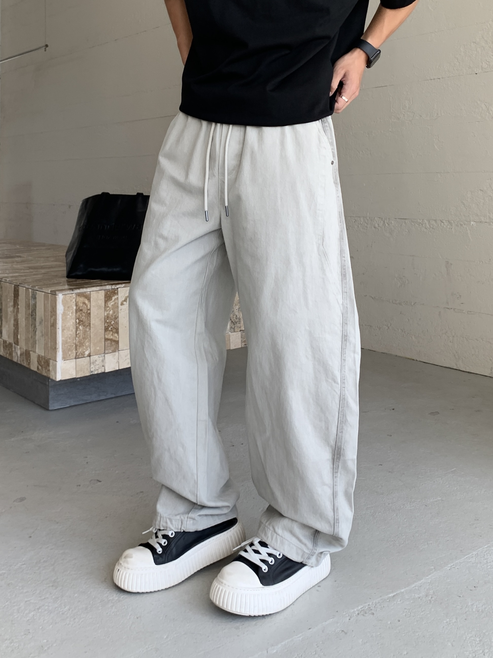 YOUDU秋季新款男休闲裤美式纯棉潮流水洗扎染直筒裤宽松阔腿长裤