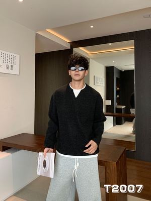 潮流撞色假两件V领卫衣男士加绒加厚新款潮流休闲内搭打底上衣