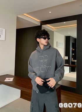 THCS美式重磅廓形字母刺绣连帽卫衣男士冬季加绒加厚休闲纯棉上衣