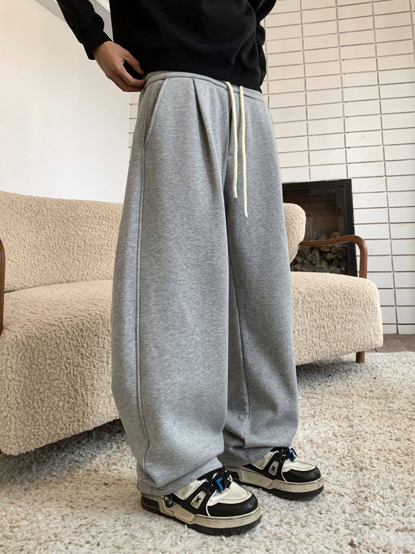 美式慵懒风结构卫裤男士加绒百搭高腰松弛感宽松休闲运动阔腿裤潮