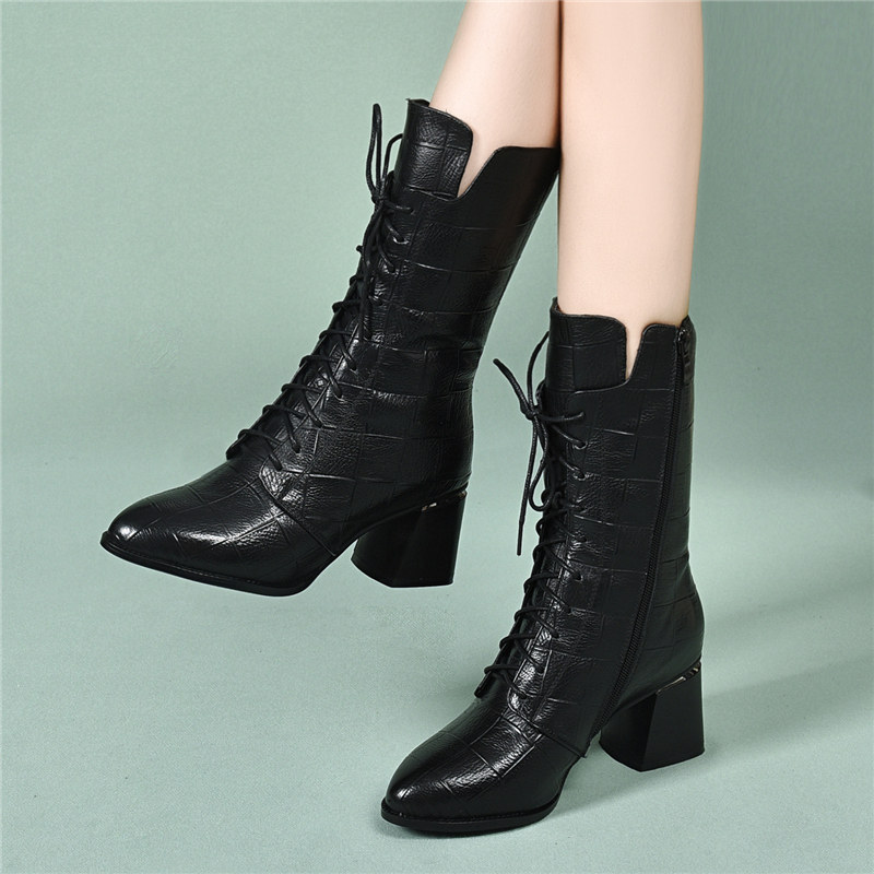 2025秋冬季新款真皮加绒短靴女中跟尖头棉鞋女粗跟马丁靴女中筒靴,女鞋,马丁靴,淘宝优惠券,粉丝福利购,淘宝优惠卷