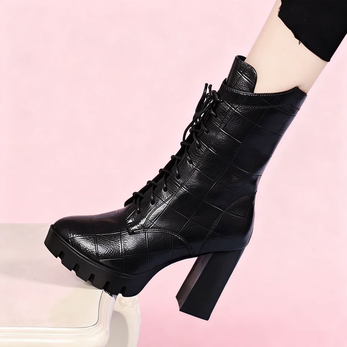 真皮高跟中筒靴女防水台马丁靴