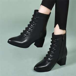 2025冬季新款马丁靴女欧美真皮鞋子粗跟短靴加绒靴子中跟秋冬女鞋