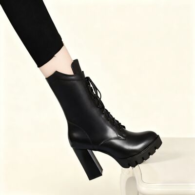 防水台粗跟中筒靴真皮高跟马丁靴