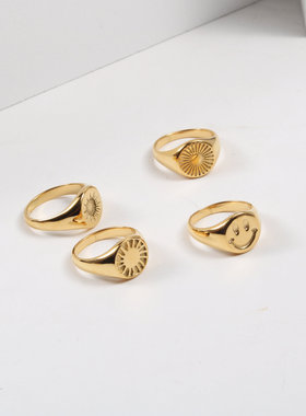 欧美时尚新款小众设计百搭笑脸印章戒指钛钢镀金指环个性食指中指