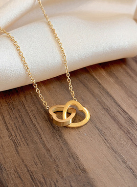 日韩极简钛钢爱心双扣项链短款锁骨链镀金心连心双环百搭时尚饰品
