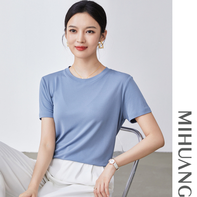 米皇春夏休闲圆领短袖T恤女贴身亲肤透气纯色真丝上衣