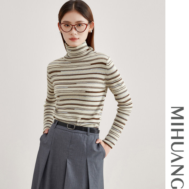 米皇冬季新款堆领套头羊绒衫女时尚夹色条纹丝绒打底衫毛衣,女装/女士精品,毛针织衫,淘宝优惠券,粉丝福利购,淘宝优惠卷