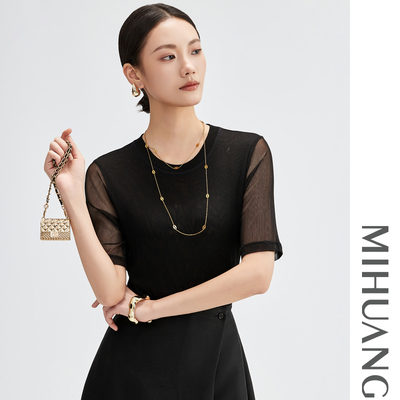 米皇2025春季新款圆领桑蚕丝短袖上衣女时尚修身舒适透气真丝T恤