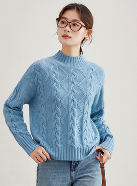 米皇冬季新款半高领套头纯山羊绒衫女休闲提花宽松厚款针织衫