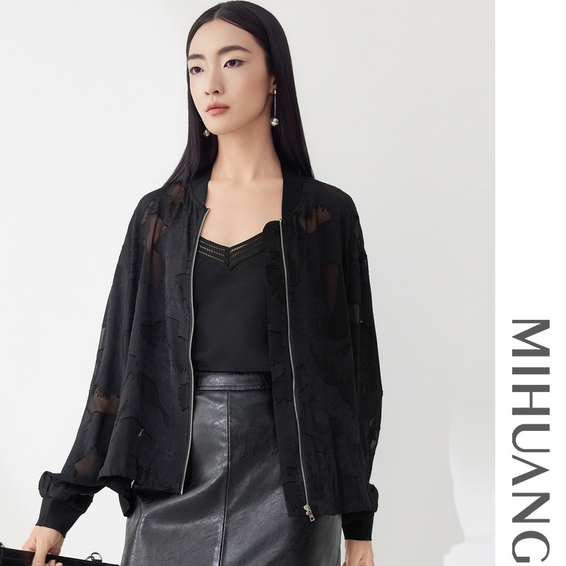 米皇春夏新款女士真丝拉链上衣时尚薄款桑蚕丝棒球服纯色防晒外套图片