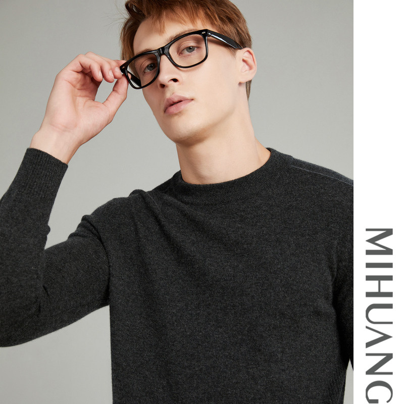 米皇秋冬新款圆领套头羊绒衫男上衣纯色通勤修身纯羊绒针织毛衣