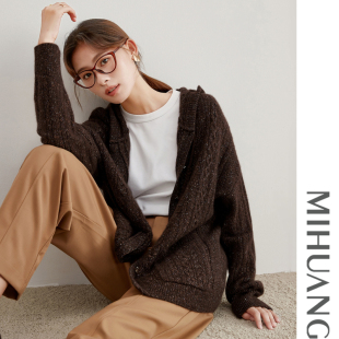 女纯色宽松厚款 连帽休闲针织开衫 纯羊绒毛衣外套 新款 米皇秋季