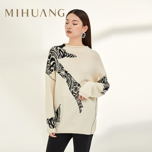 米皇秋冬新品 半高领套头100%纯山羊绒女上衣嵌花拼色羊毛羊绒女衫