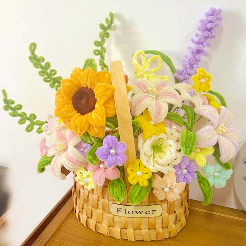 扭扭棒花篮花束手工diy材料包加厚加密毛根网红绒花毛条妞妞棒