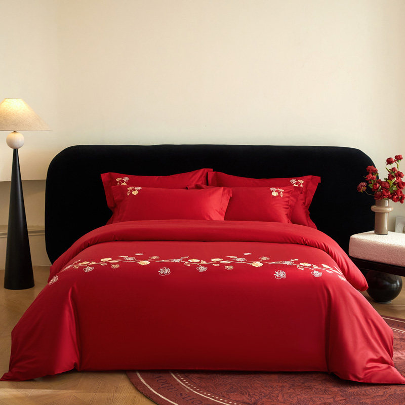 全棉长绒棉婚庆四件套纯棉刺绣被套床单结婚陪嫁红色床上用品喜被