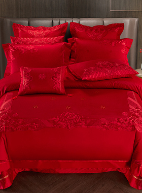 140s支全棉婚庆四件套大红色喜被子结婚六十件套刺绣婚房床上用品